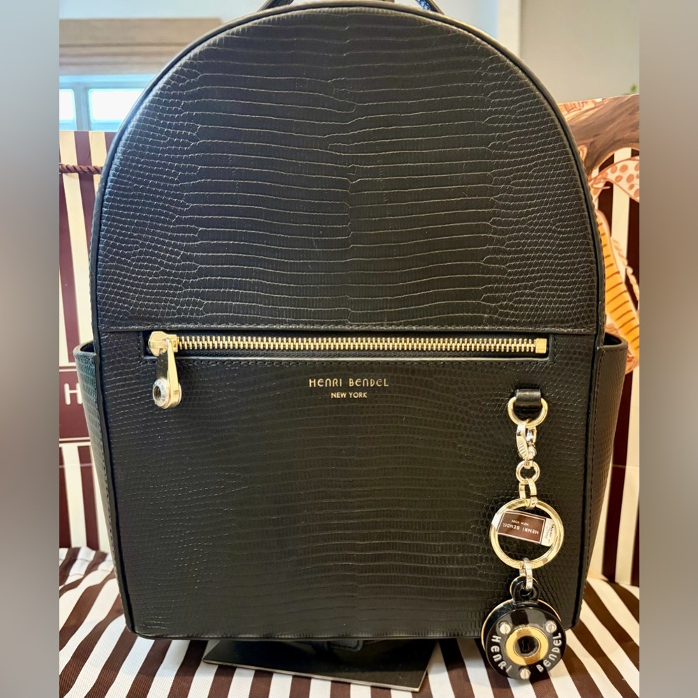 EUC! HENRI BENDEL Embossed Leather Backpack (retail $500) & Keychain/Bag Charm